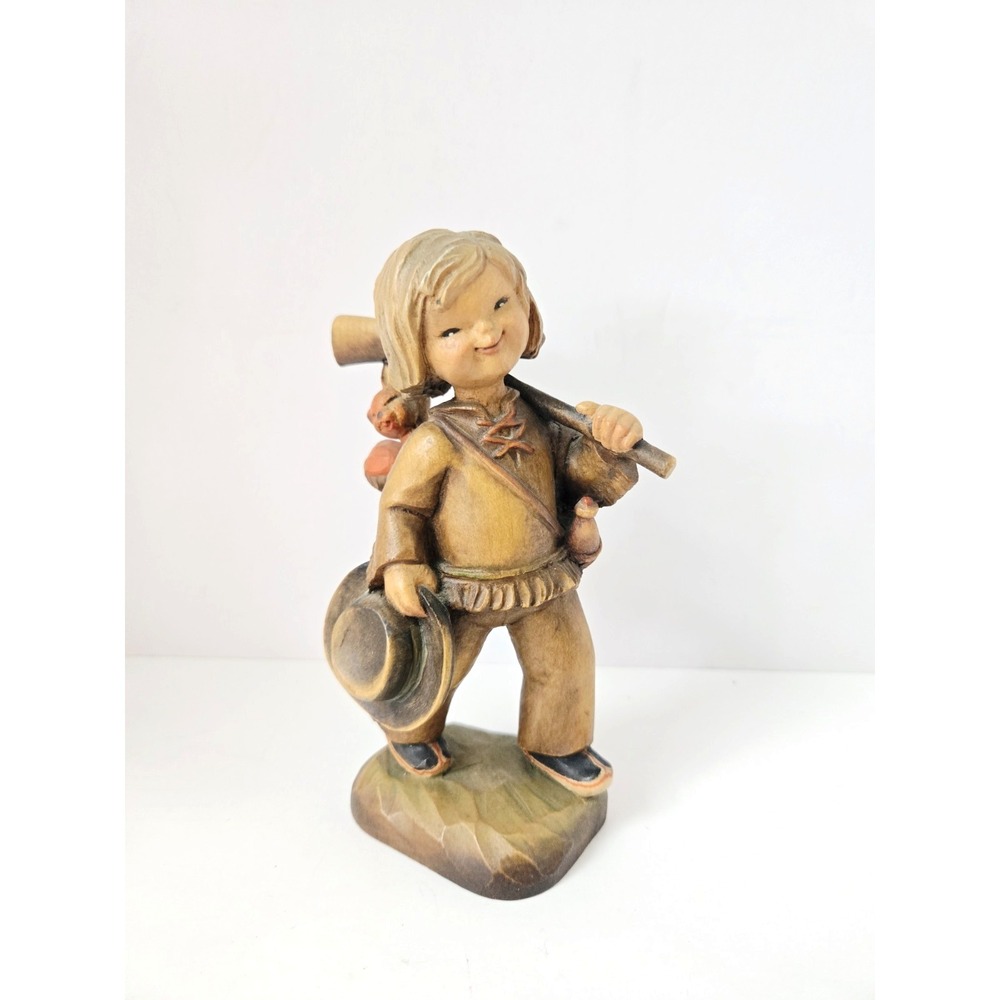 Anri wooden carved figure boy squirrel hunting 6" Italy 574/1500 tracker‎
